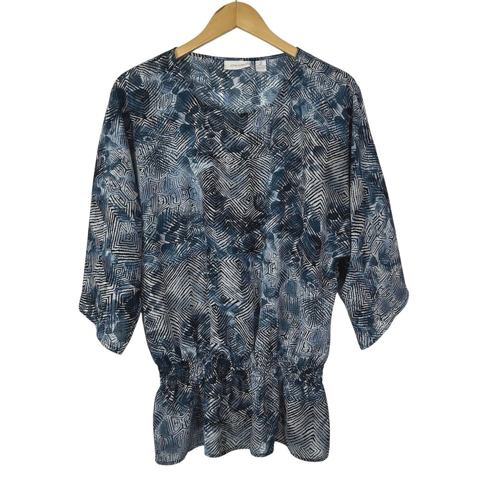 Chico's Semi Sheer Top Womens Large Blue Geometric Elastic Kimono Sleeve Artsy